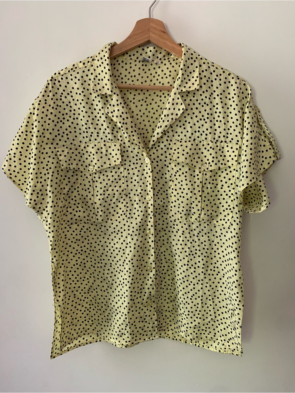 Vintage Polka Dot Button-Up Short Sleeve Top - Yellow/Black
